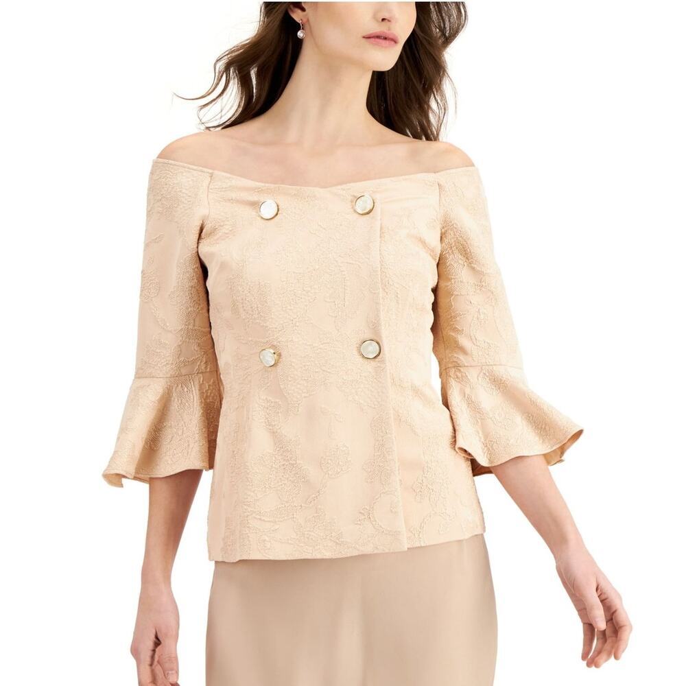 Adrianna Papell Women's Metallic Textured Top Off Shoulder Blush/Gold SZ 10 NWT